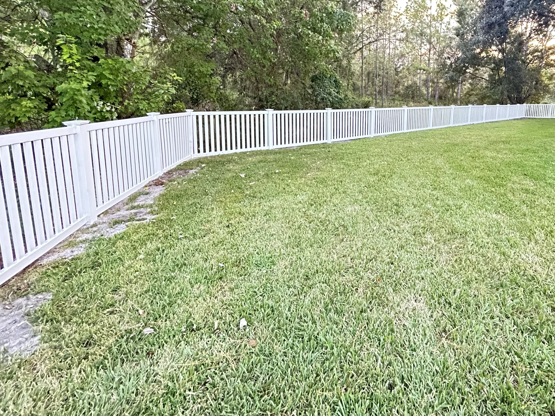White aluminum picket fence following the edge of a green lawn